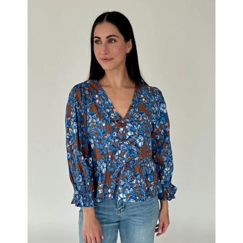 Entro Brown & Blue Floral Bow Detail Top